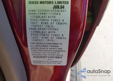 2004 Isuzu Rodeo S 3.5L V6 from USA, damaged, VIN 4S2CK58Y144316847